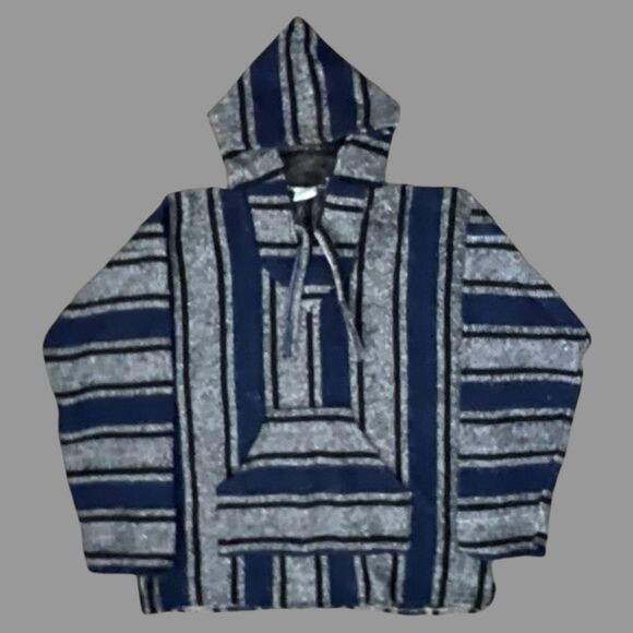 Pilotzi Mexican Baja Hoodie Poncho Sweater Size L Black Blue Striped Boho Skater - Picture 3 of 3
